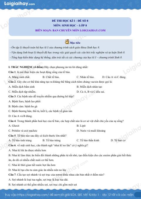 Đề số 8 - Đề kiểm tra học kì 1 - Sinh học 8